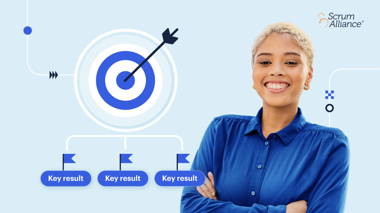 An illustration showing key results hitting an objective and the image of a young professional in the foreground